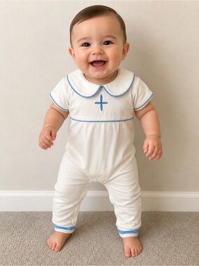 Classic White Baby One-Piece Romper with Blue Trim (Dedication, Christening)